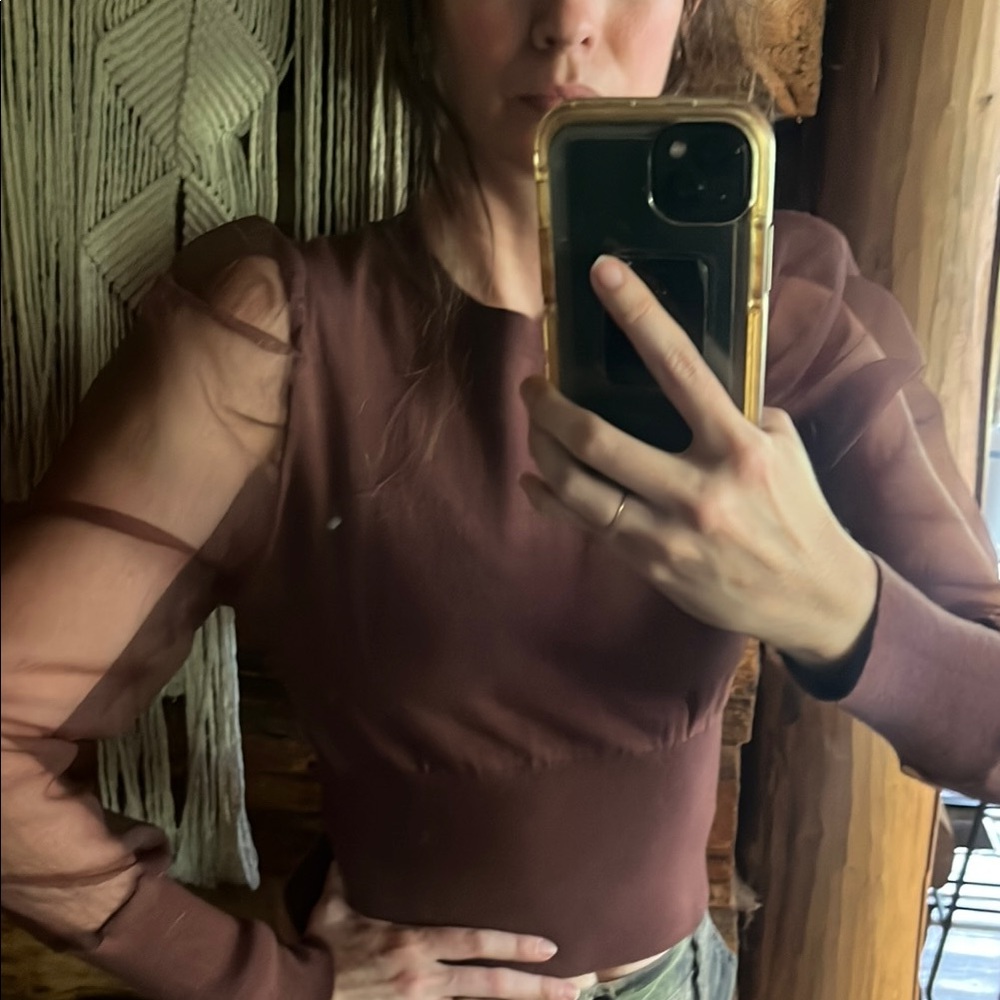 Chic Brown Blouse with Sheer Sleeves